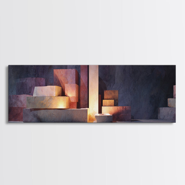 Illuminated Geometric Blocks Framed Canvas Print, Midcentury Modern Abstract Art, MCM Wall Decor For Office And Home Decor