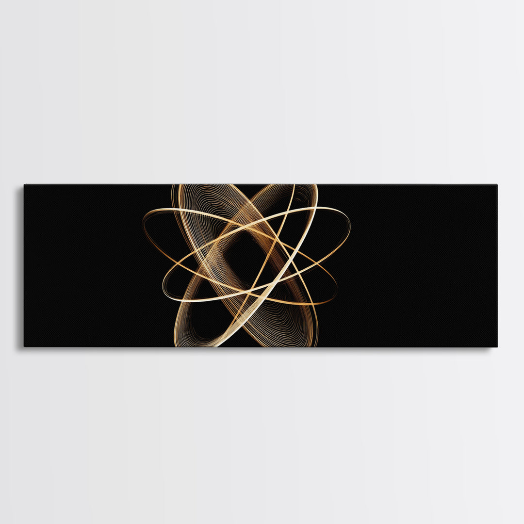 Gold Atomic Orbit Abstract Framed Canvas Print, Midcentury Modern Wall Art, Space Abstract Art, Retro Office Decor, Black Gold Decor