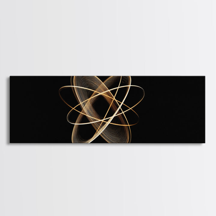 Gold Atomic Orbit Abstract Framed Canvas Print, Midcentury Modern Wall Art, Space Abstract Art, Retro Office Decor, Black Gold Decor