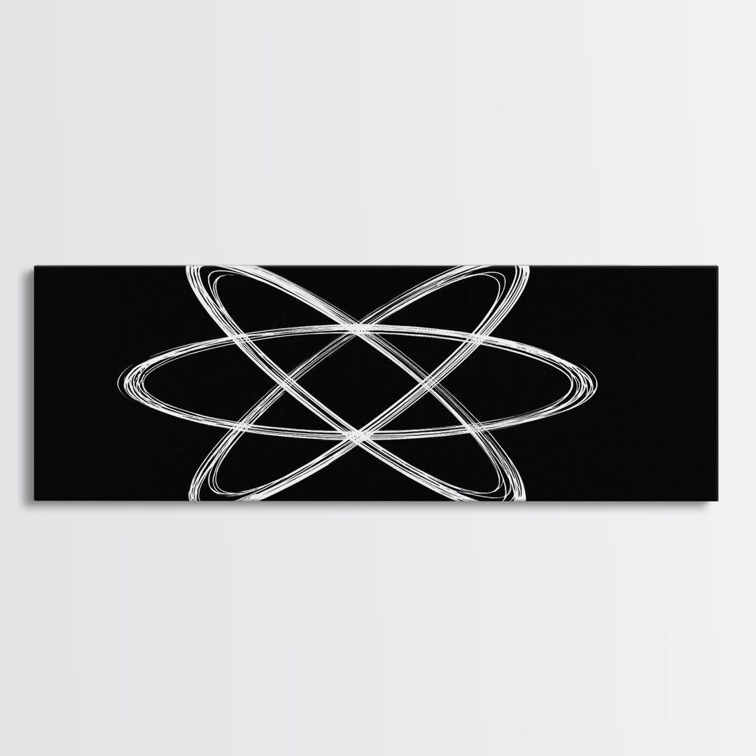 White Atomic Orbit Lines Canvas Print, Midcentury Modern Wall Art, Black And White Geometric Poster, Space Age Decor, Retro Office