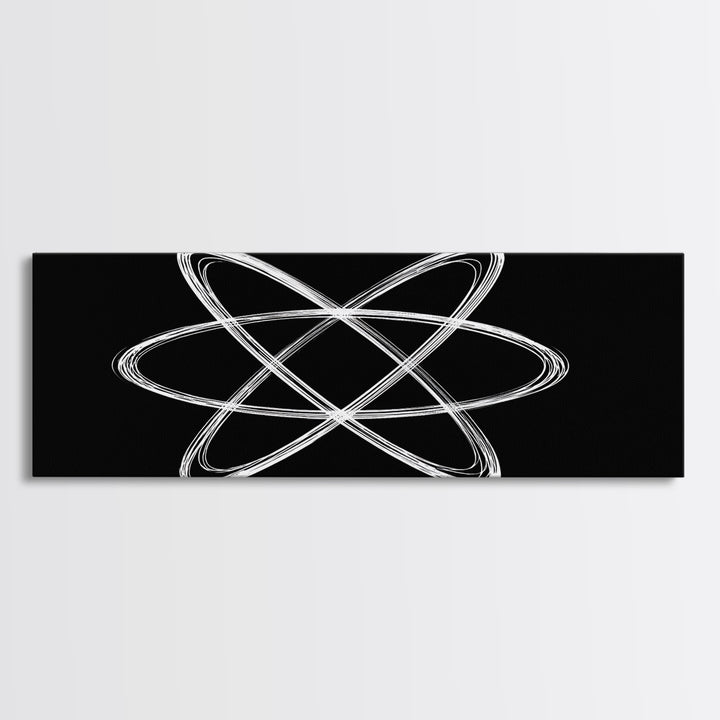 White Atomic Orbit Lines Canvas Print, Midcentury Modern Wall Art, Black And White Geometric Poster, Space Age Decor, Retro Office