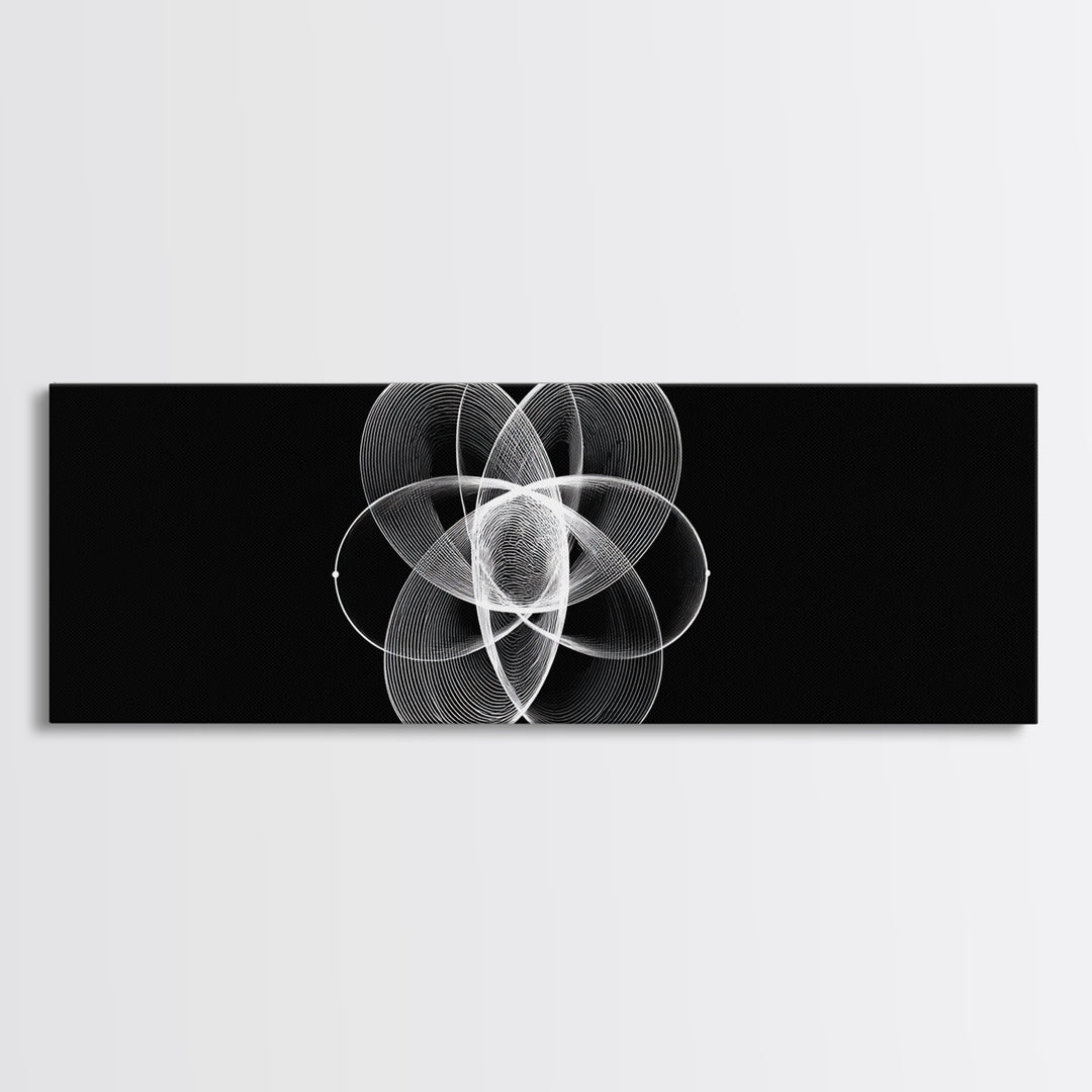 White Orbital Flower Abstract Wall Art, Modern Geometric Canvas, Black And White Midcentury Decor, Office Statement Print