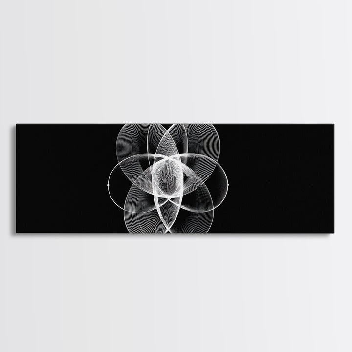 White Orbital Flower Abstract Wall Art, Modern Geometric Canvas, Black And White Midcentury Decor, Office Statement Print