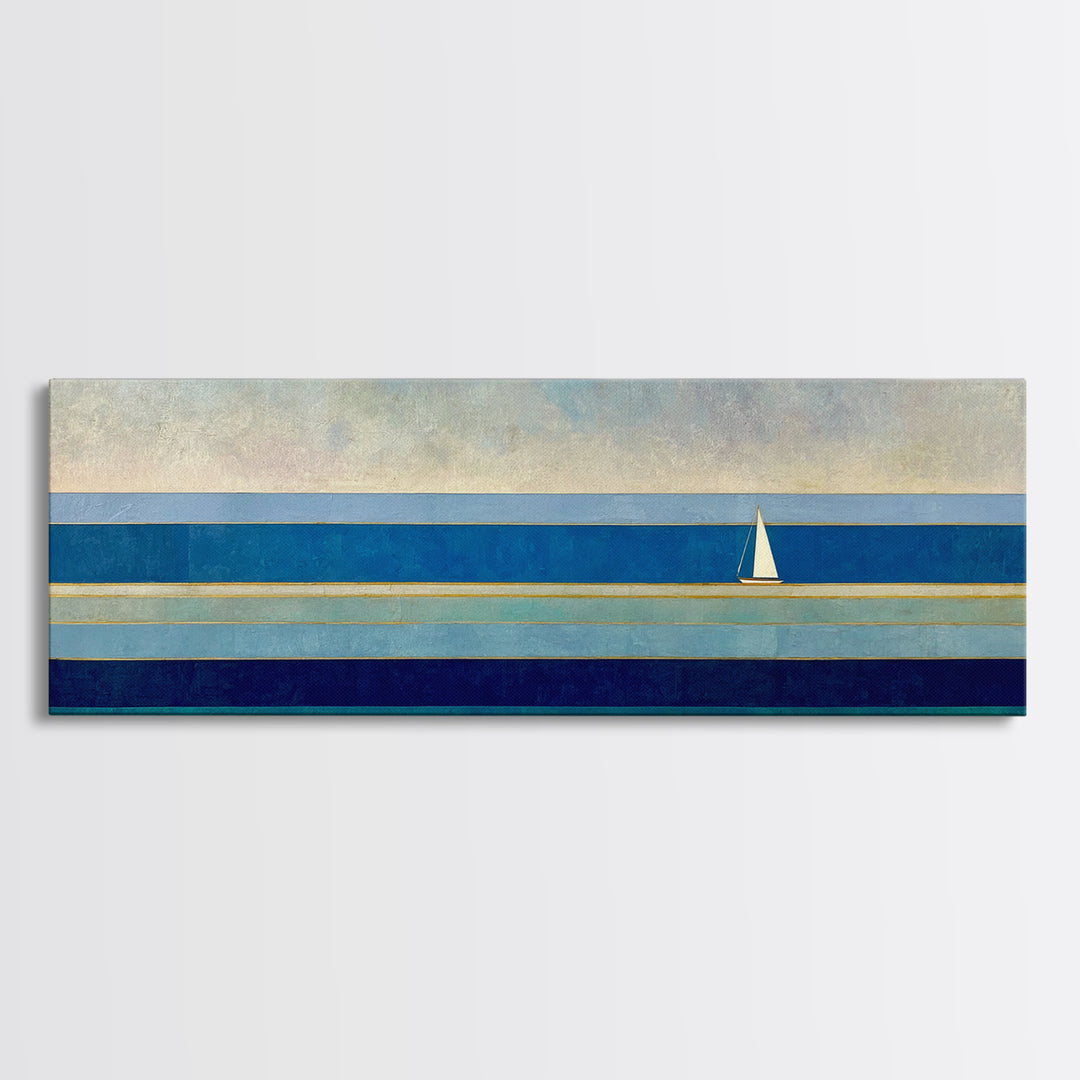 Minimal Sailboat Seascape Wall Art, Midcentury Modern Coastal Print, Blue Nautical Living Room Decor, Ocean Canvas Art Print