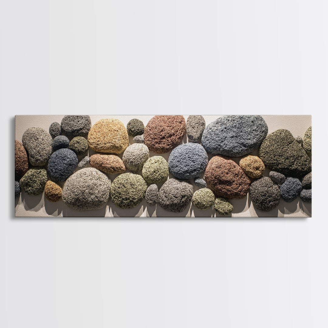 Neutral Pebble Stone Cluster Framed Canvas Print, Organic Abstract Wall Art, Modern Home Decor, Earth Tone Texture Poster