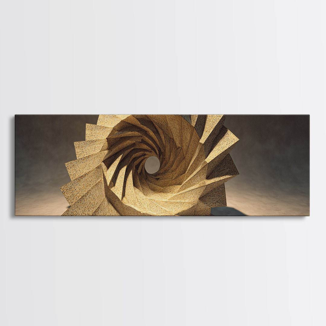Golden Spiral Vortex Sculpture Framed Canvas Print, Modern Sculpture, Geometric Wall Art, Abstract Decor, Statement Piece