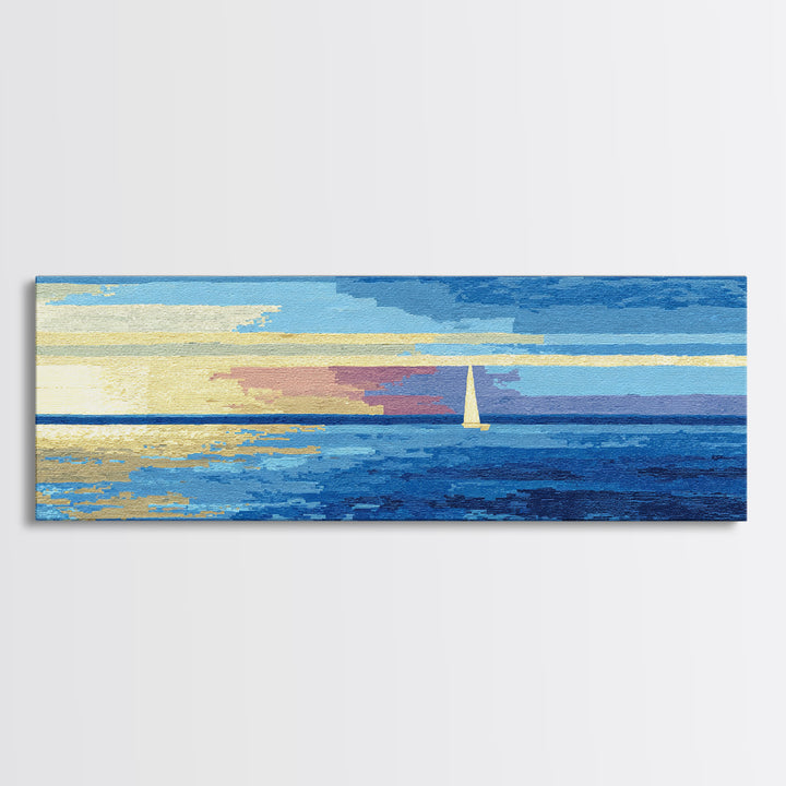 Blue Sailboat Ocean Horizon Canvas Print, Modern Coastal Wall Art, Nautical Seascape Decor, Calm Living Room Artwork Print