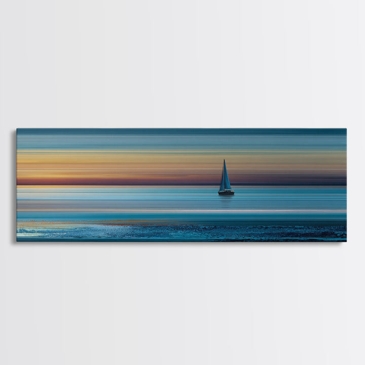 Lone Sailboat At Teal Sunset Seascape Wall Art, Panoramic Ocean Canvas, Coastal Living Room Decor, Modern Blue Art Print