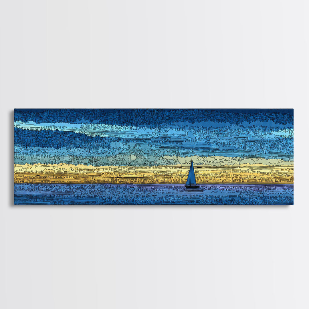 Tiny Sailboat On Golden Blue Horizon Canvas Print, Panoramic Seascape Wall Decor, Coastal Modern Art For Living Room Decor