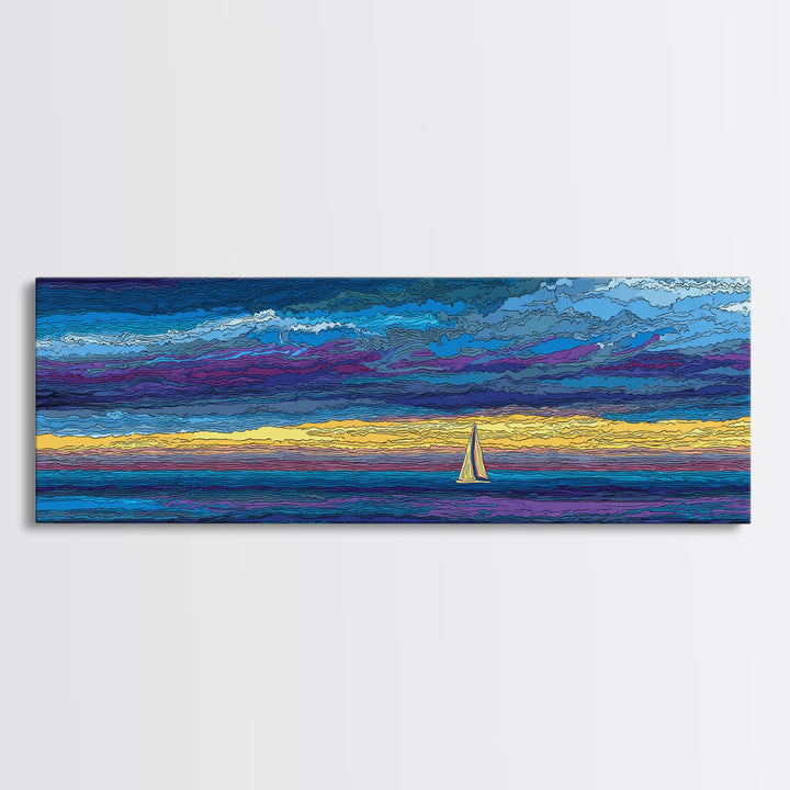 White Sailboat Under Stormy Purple Sky Framed Canvas Print, Panoramic Ocean Wall Art, Coastal Decor, Modern Blue Seascape