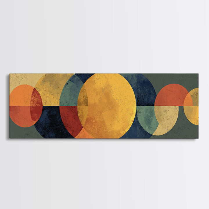 Golden Sun And Navy Circle Abstract Canvas Print, Midcentury Modern Wall Art, Geometric Living Room Decor, Retro MCM Poster