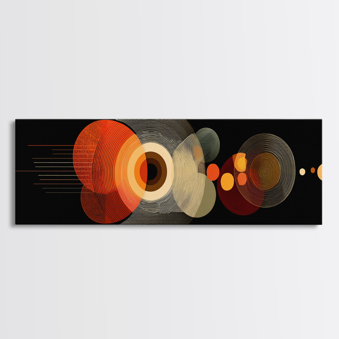 Orange Optical Circles On Black Wall Art, Midcentury Modern Geometric Canvas Print, Atomic Abstract Retro Home Decor Poster