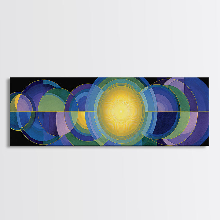 Radiant Yellow Center With Blue Green Circles Wall Art, Midcentury Modern Canvas Print, Geometric Abstract Statement Decor