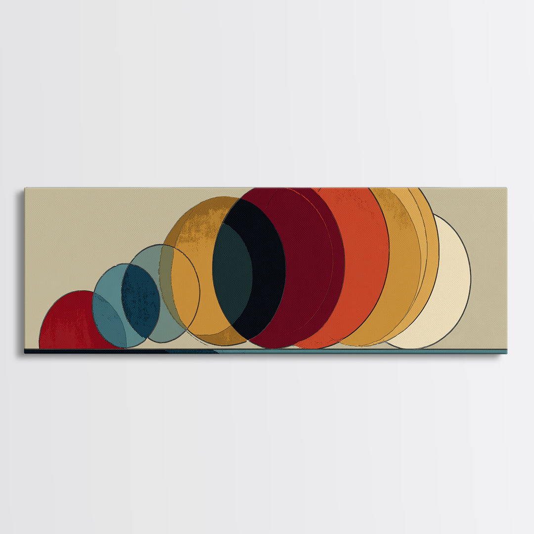 Overlapping Retro Circles In Ochre Red Blue And Cream Canvas Print, Midcentury Modern Art Print, Bauhaus MCM Wall Decor Poster