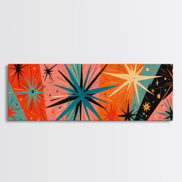 Orange Teal Atomic Starbursts On Coral And Black Canvas Print, Midcentury Modern Wall Art, Retro 50s 60s Home Decor Poster
