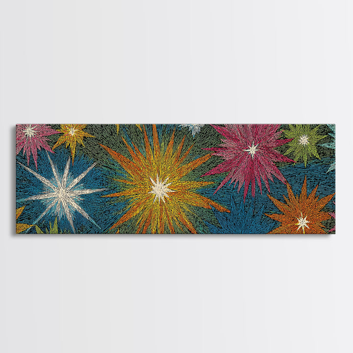 Scratchy Neon Fireworks In Pink Yellow Blue And Green Wall Art, Retro Atomic Starburst Print, Midcentury Modern Home Decor