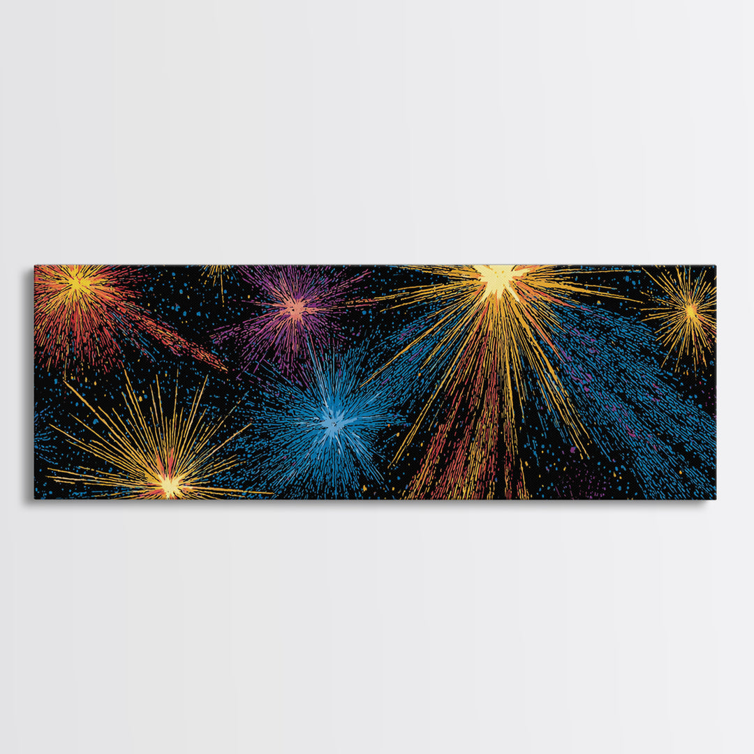 Dark Cosmic Fireworks With Blue Orange Purple And Gold Canvas Print, Retro Space Abstract Wall Art, Midcentury Modern Decor