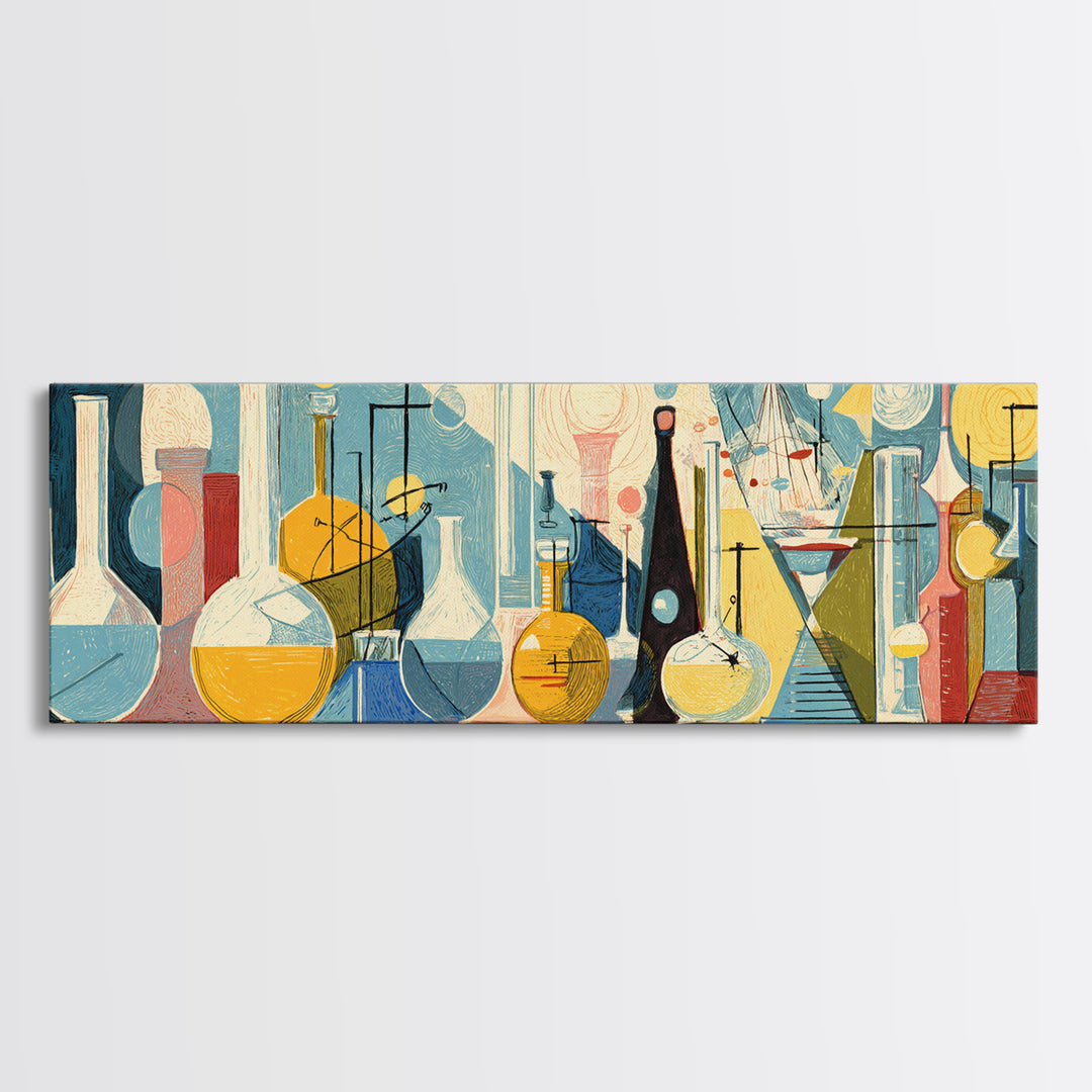 Modernist Laboratory Bottles And Beakers In Aqua Gold And Red Framed Canvas Print, Midcentury Modern Wall Art, Science Decor