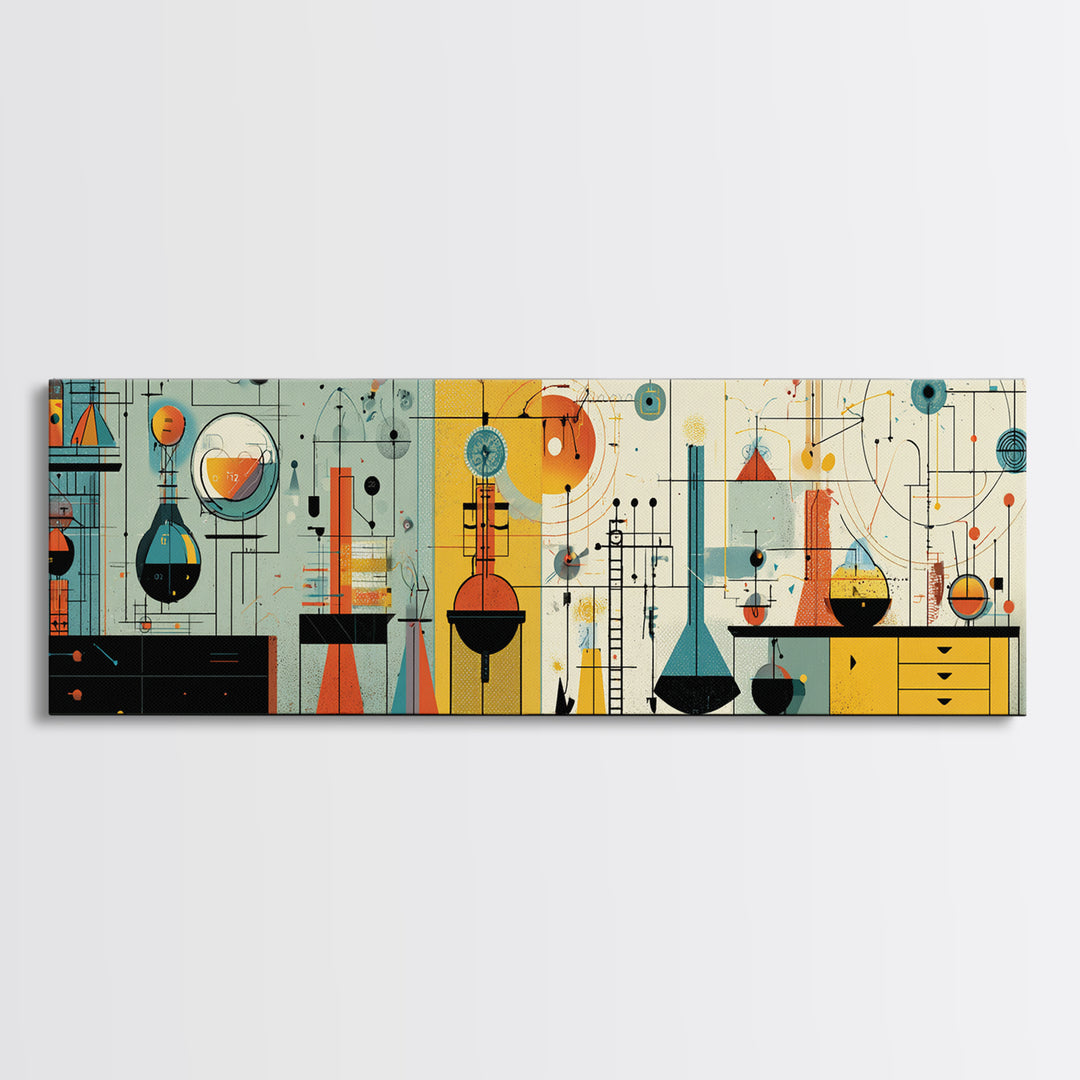 Atomic Science Instruments With Beakers Charts And Geometric Lines Canvas Print, Midcentury Modern Wall Art, Retro Lab Decor