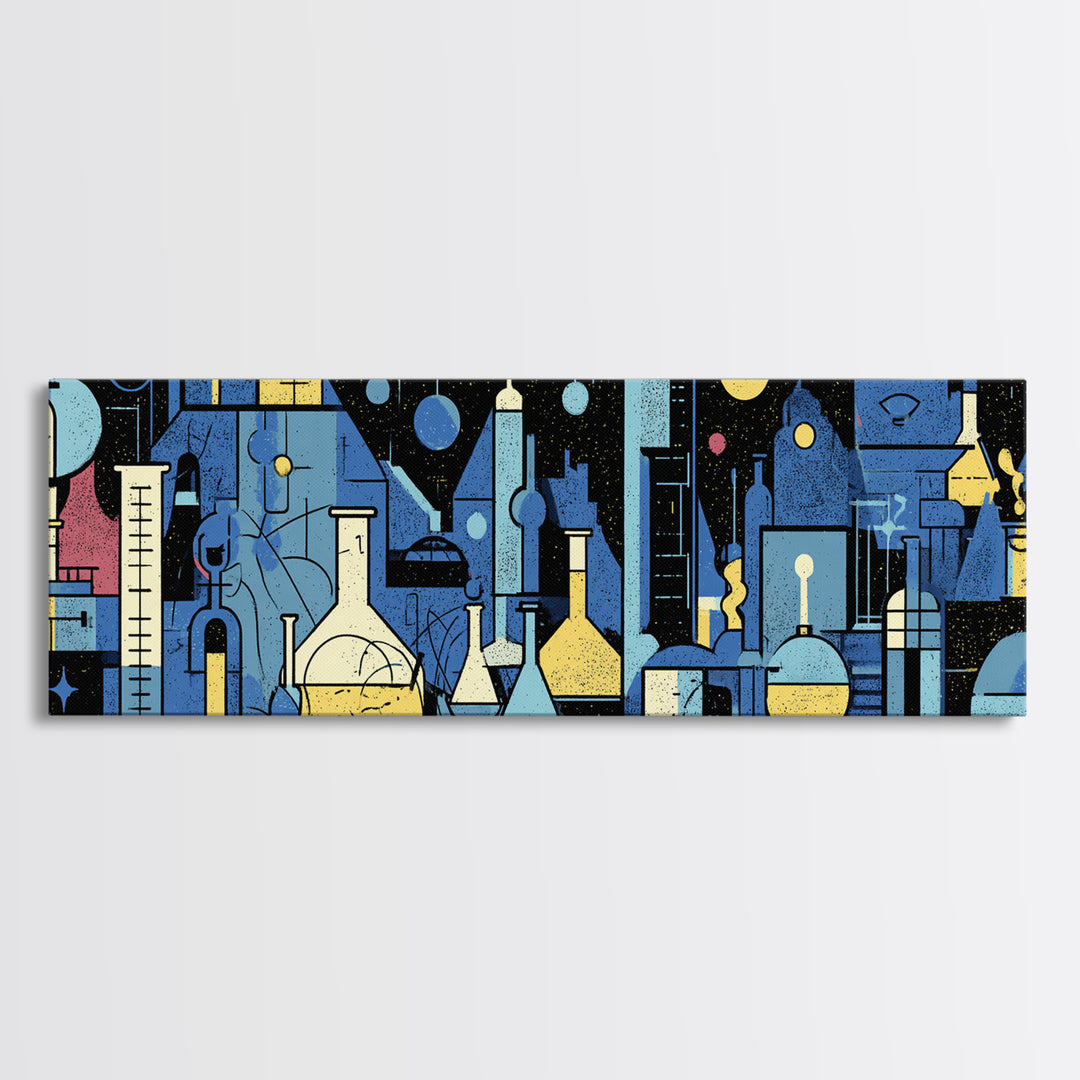 Blue Chemistry Laboratory Glassware Wall Art, Mid Century Modern Abstract Science Poster, Geometric Office Decor Print Set