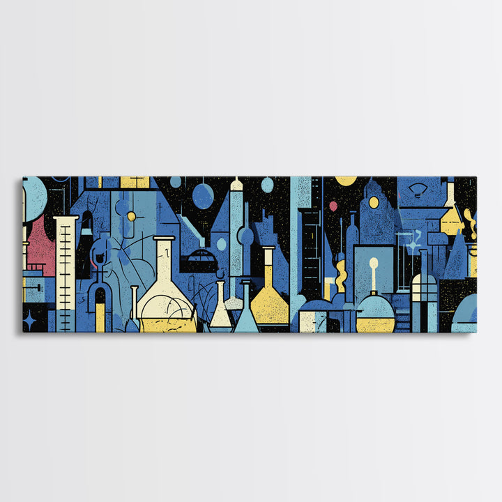 Blue Chemistry Laboratory Glassware Wall Art, Mid Century Modern Abstract Science Poster, Geometric Office Decor Print Set