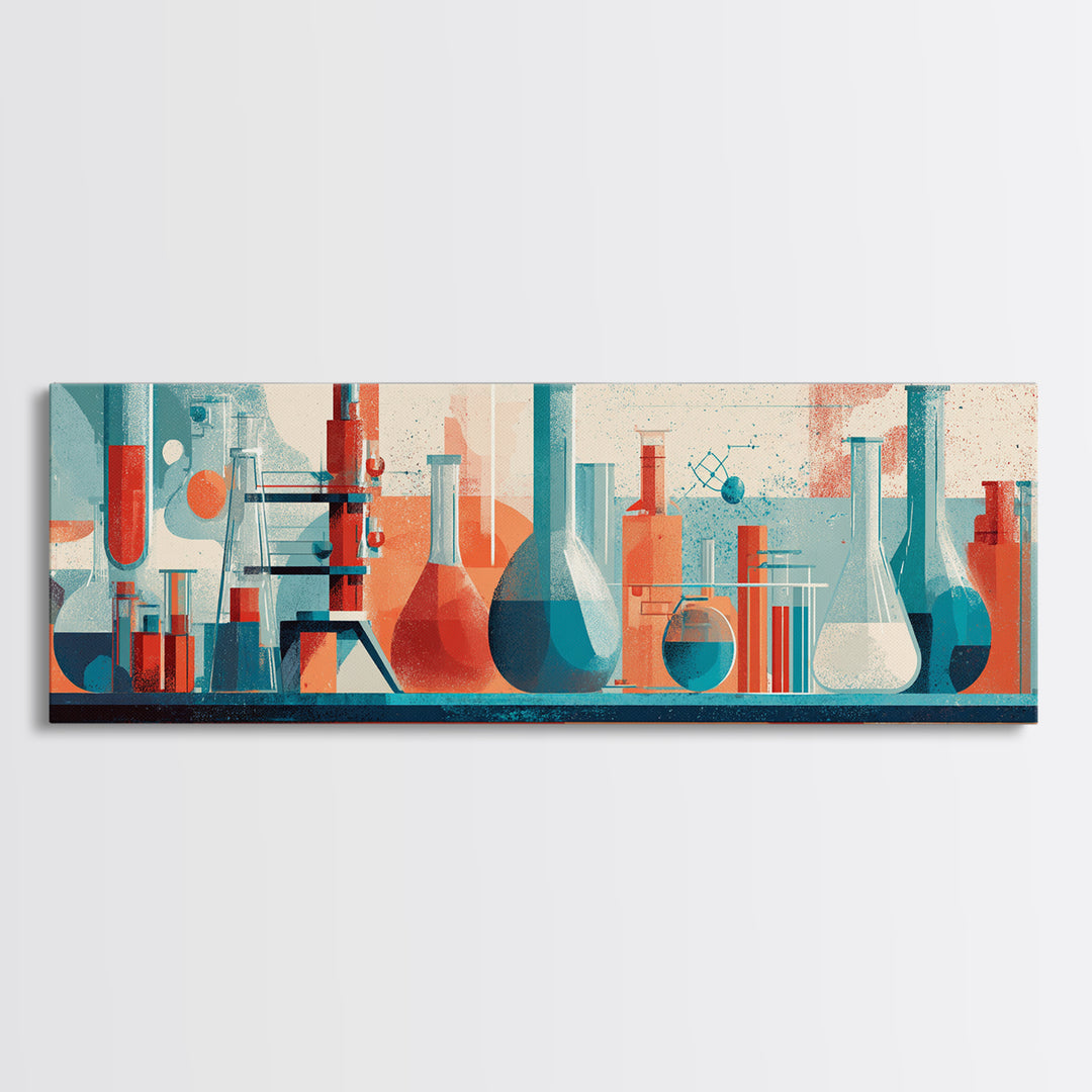 Teal And Coral Science Lab Framed Canvas Print, Mid Century Modern Chemistry Wall Art, Retro Abstract Office Decor Poster