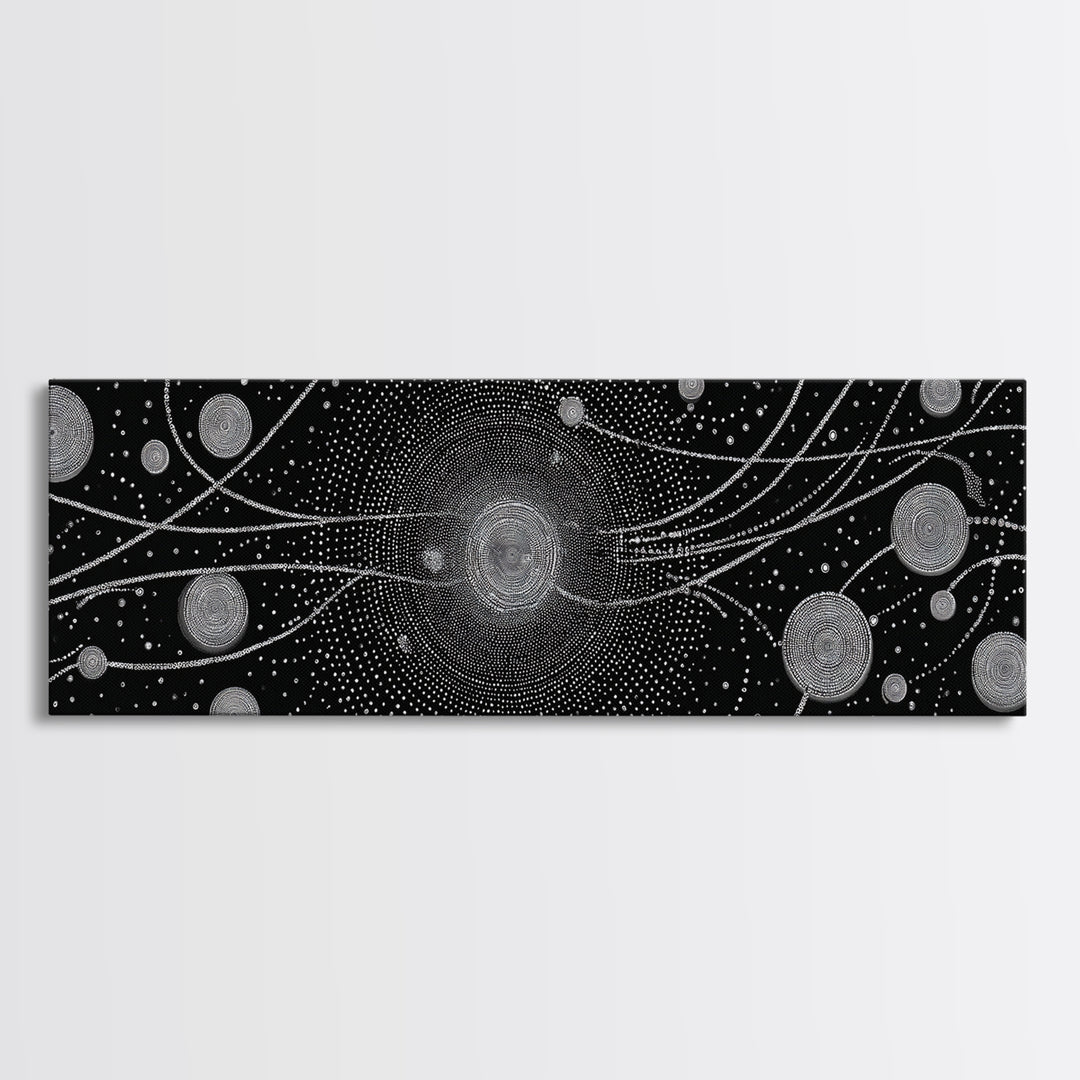 Black And White Particle Galaxy Framed Canvas Print, Modern Abstract Art, Sci Fi Space Wall Decor, Minimalist Office Poster