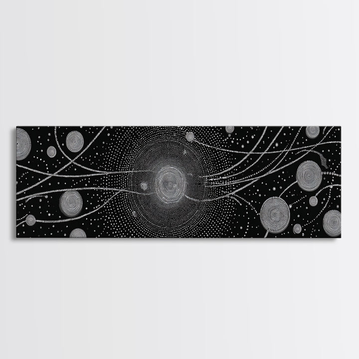 Black And White Particle Galaxy Framed Canvas Print, Modern Abstract Art, Sci Fi Space Wall Decor, Minimalist Office Poster