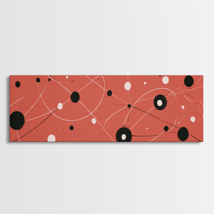 Coral Atomic Orbit Abstract With Black And White Dots, Midcentury Modern Wall Art, Retro Space Poster, MCM Home Decor, Large Canvas Print