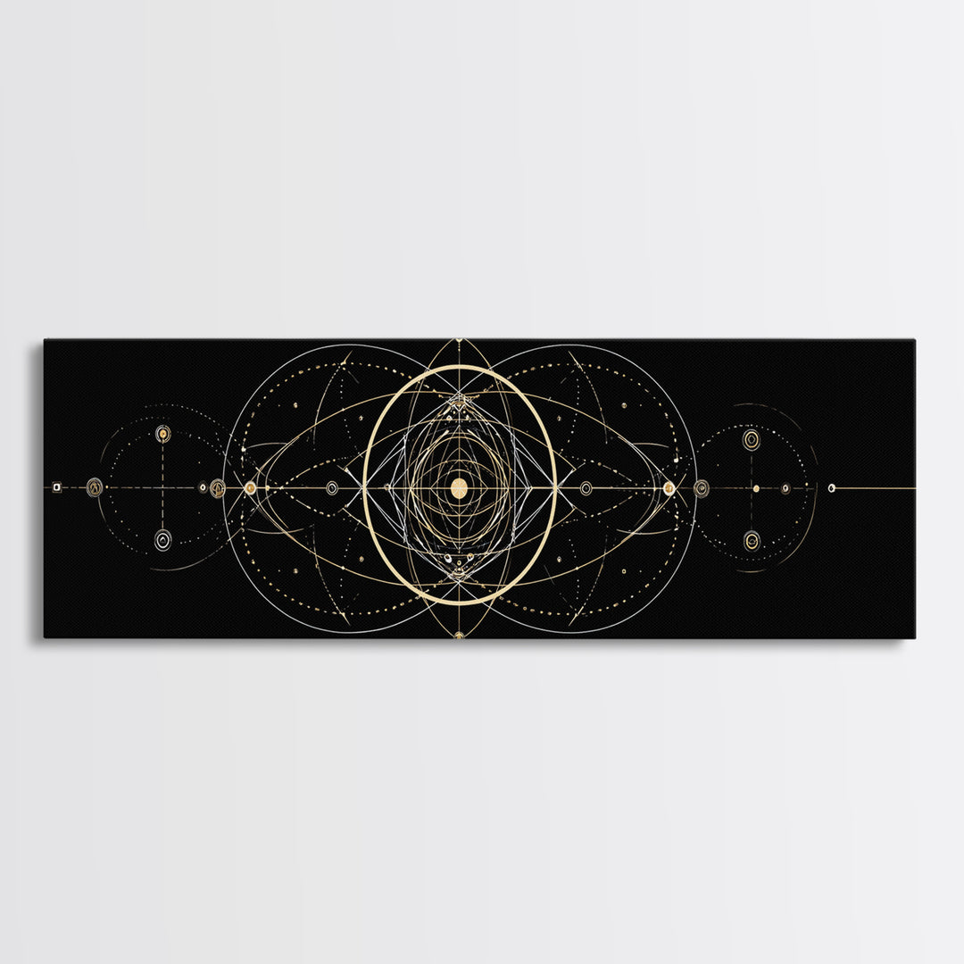 Gold Sacred Geometry Mandala On Black, Spiritual Wall Art, Modern Abstract Art Print, Celestial Framed Canvas Print, Home Decor