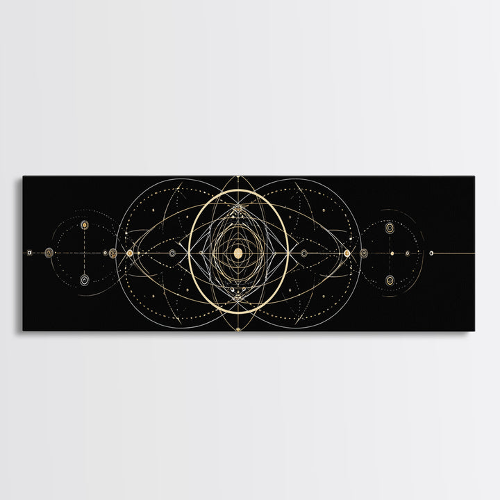 Gold Sacred Geometry Mandala On Black, Spiritual Wall Art, Modern Abstract Art Print, Celestial Framed Canvas Print, Home Decor