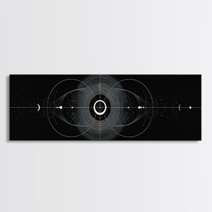Black And White Geometric Wave Meditation Diagram, Spiritual Wall Art, Modern Abstract Print, Op Art Framed Canvas Print
