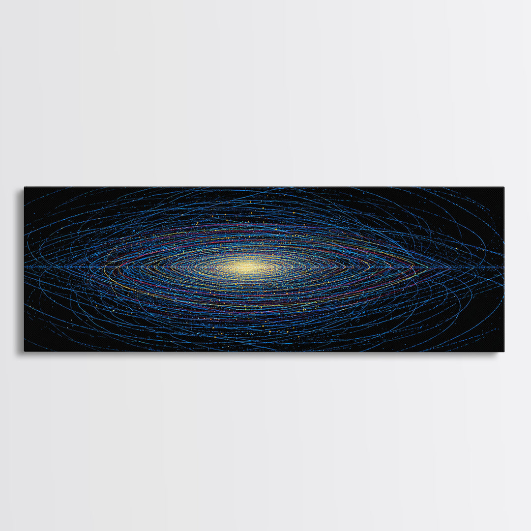 Blue Orbital Galaxy Lines On Black With Yellow Center, Space Abstract Wall Art, Modern Digital Art Print, Sci Fi Canvas Print