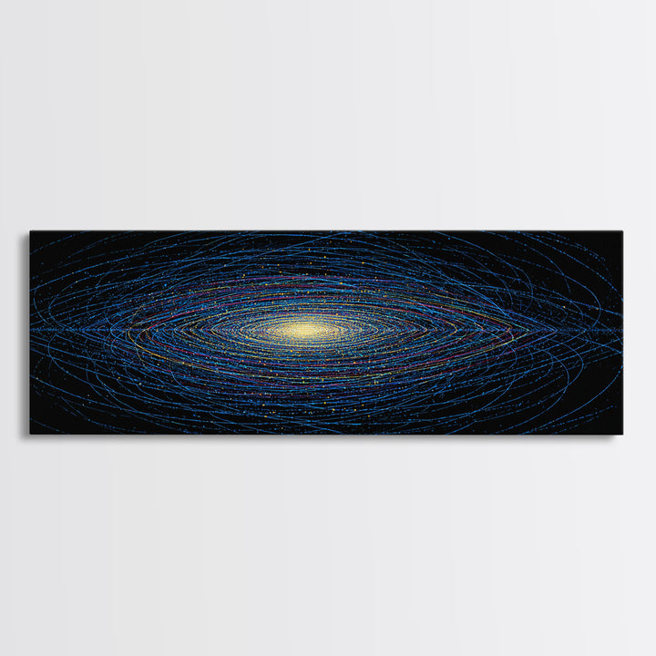 Blue Orbital Galaxy Lines On Black With Yellow Center, Space Abstract Wall Art, Modern Digital Art Print, Sci Fi Canvas Print
