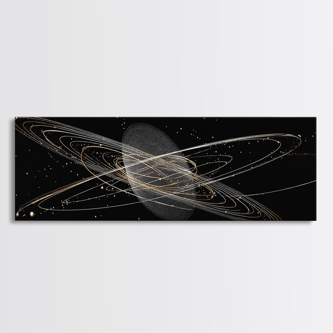 Golden Saturn Orbit Particle Rings On Black, Cosmic Wall Art, Modern Abstract Art Print, Space Framed Canvas Print, For Office Decor