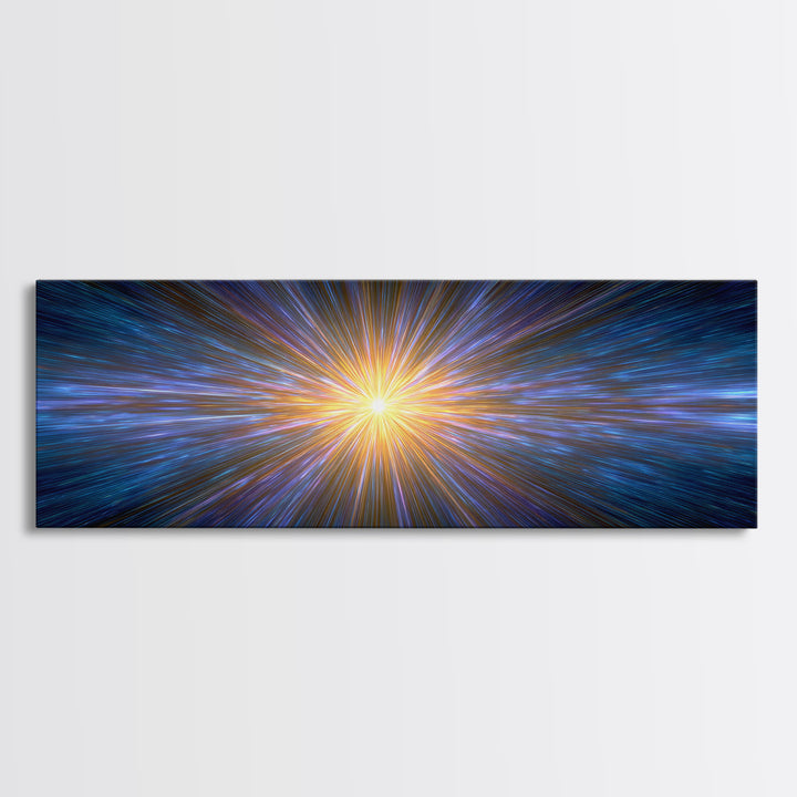 Radiant Blue And Gold Light Burst Horizon, Space Abstract Wall Art, Modern Digital Art Print, Sci Fi Canvas Print For Home