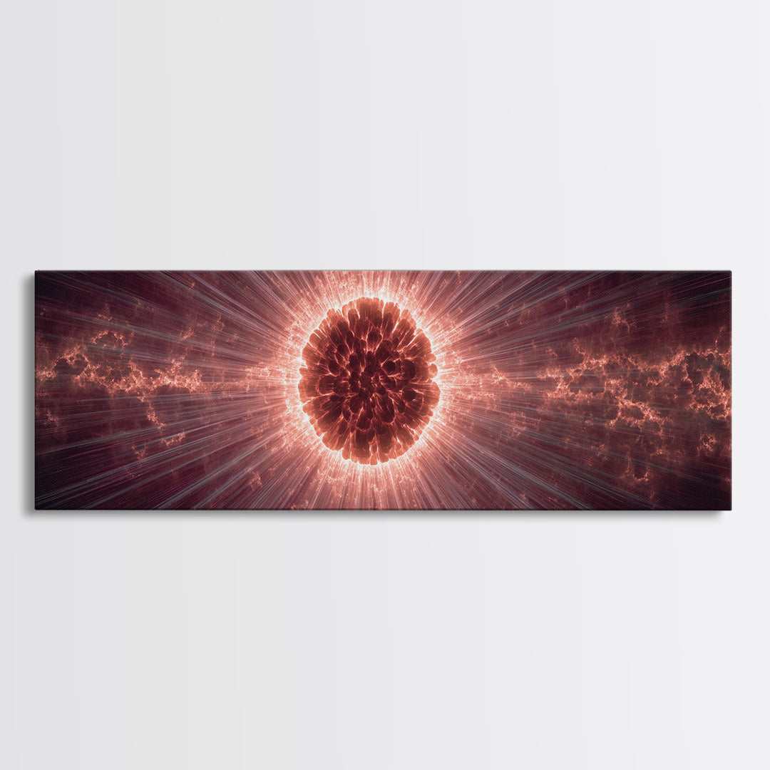 Red Solar Eclipse Corona With Dramatic Rays, Space Abstract Wall Art, Modern Digital Art Print, Cosmic Framed Canvas Print