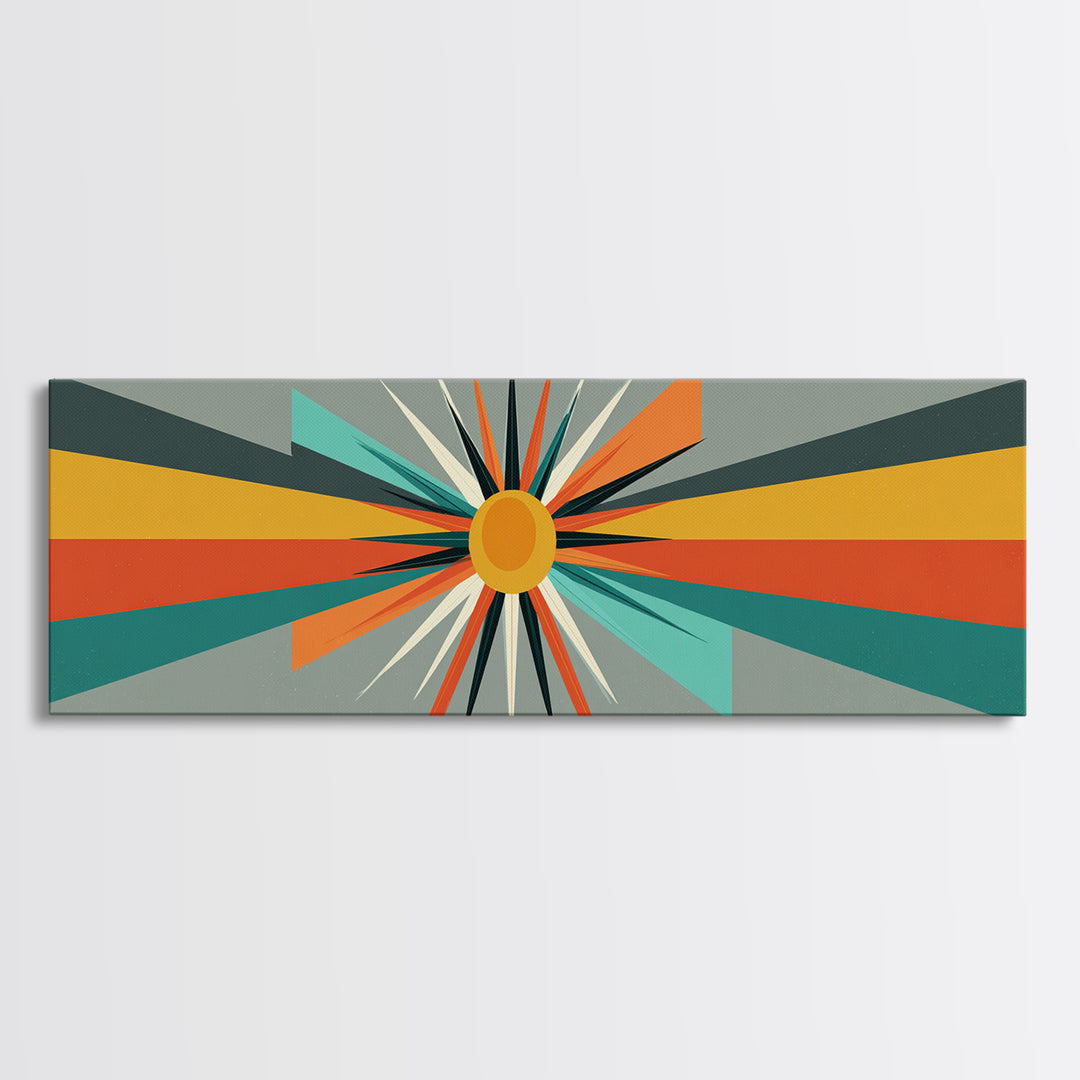 Atomic Orange Sunburst Rays Wall Art, Midcentury Modern Abstract Print, Retro Geometric Decor, MCM Living Room Poster Gift