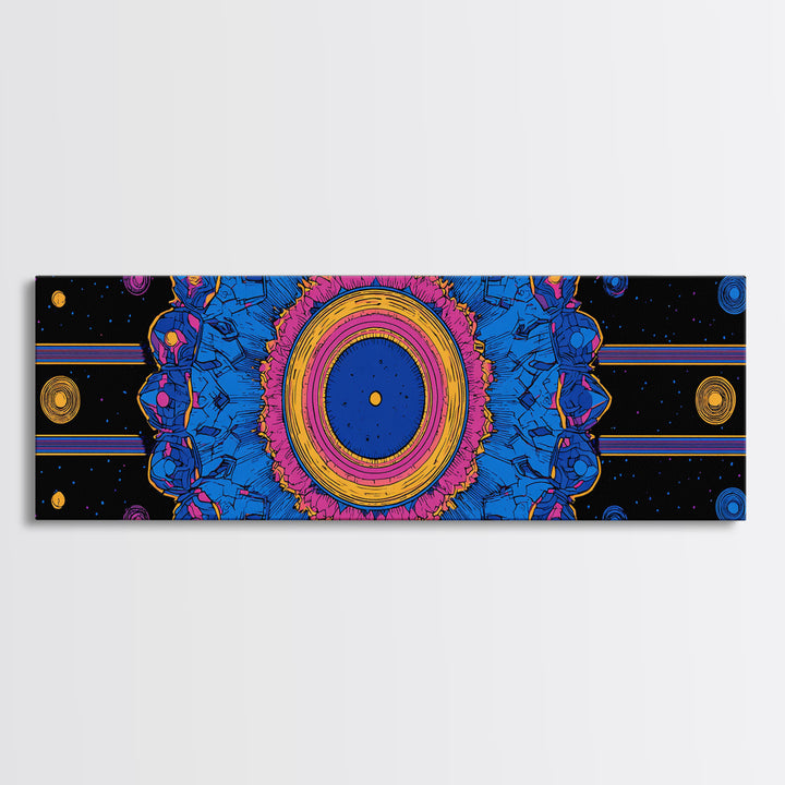 Blue Pink Cosmic Mandala Canvas Print, Psychedelic Abstract Wall Art, Retro Space Poster, Modern Geometric Home Decor Print
