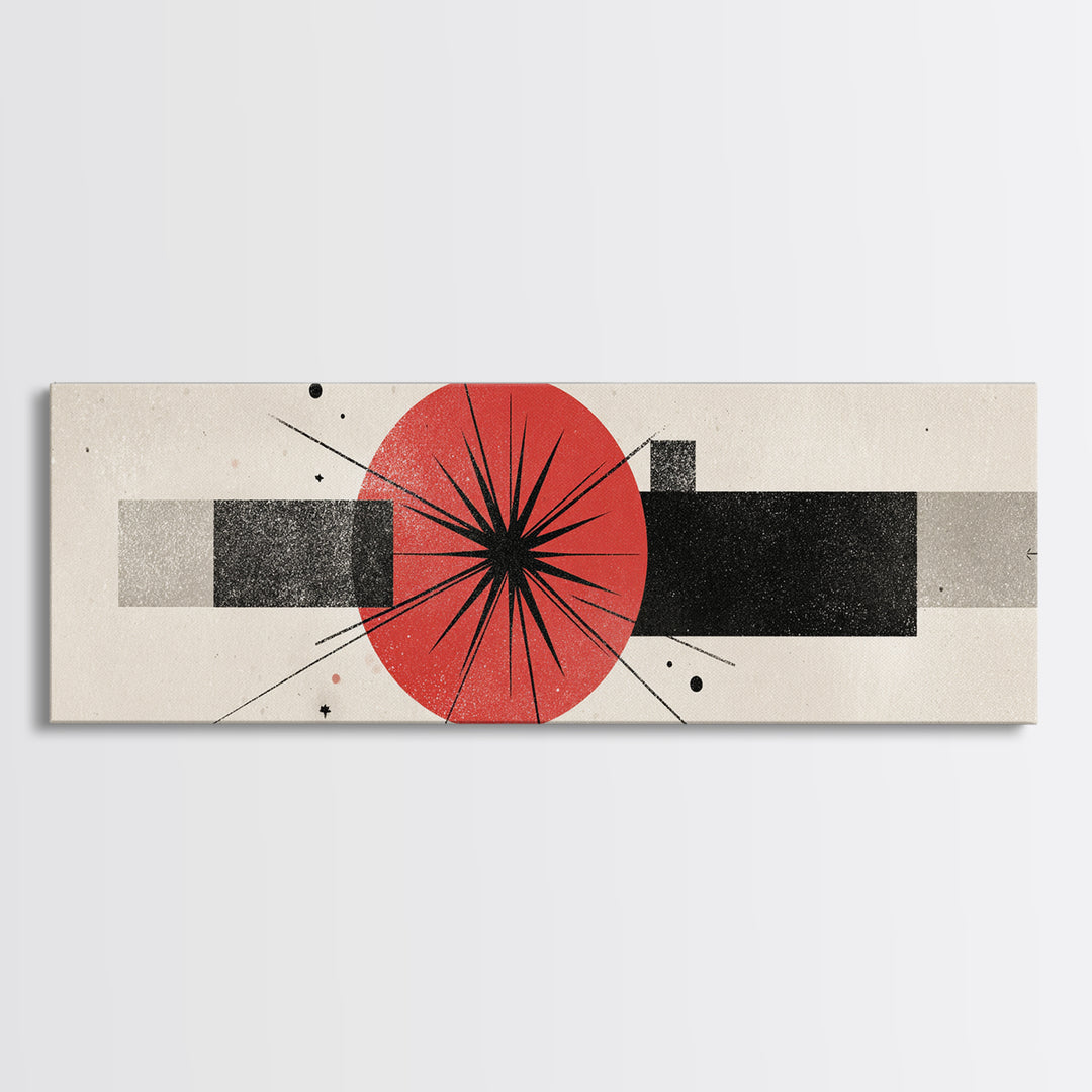 Red Black Atomic Starburst Framed Canvas Print, Midcentury Modern Wall Art, Minimal Geometric Decor, Retro MCM Poster Gift