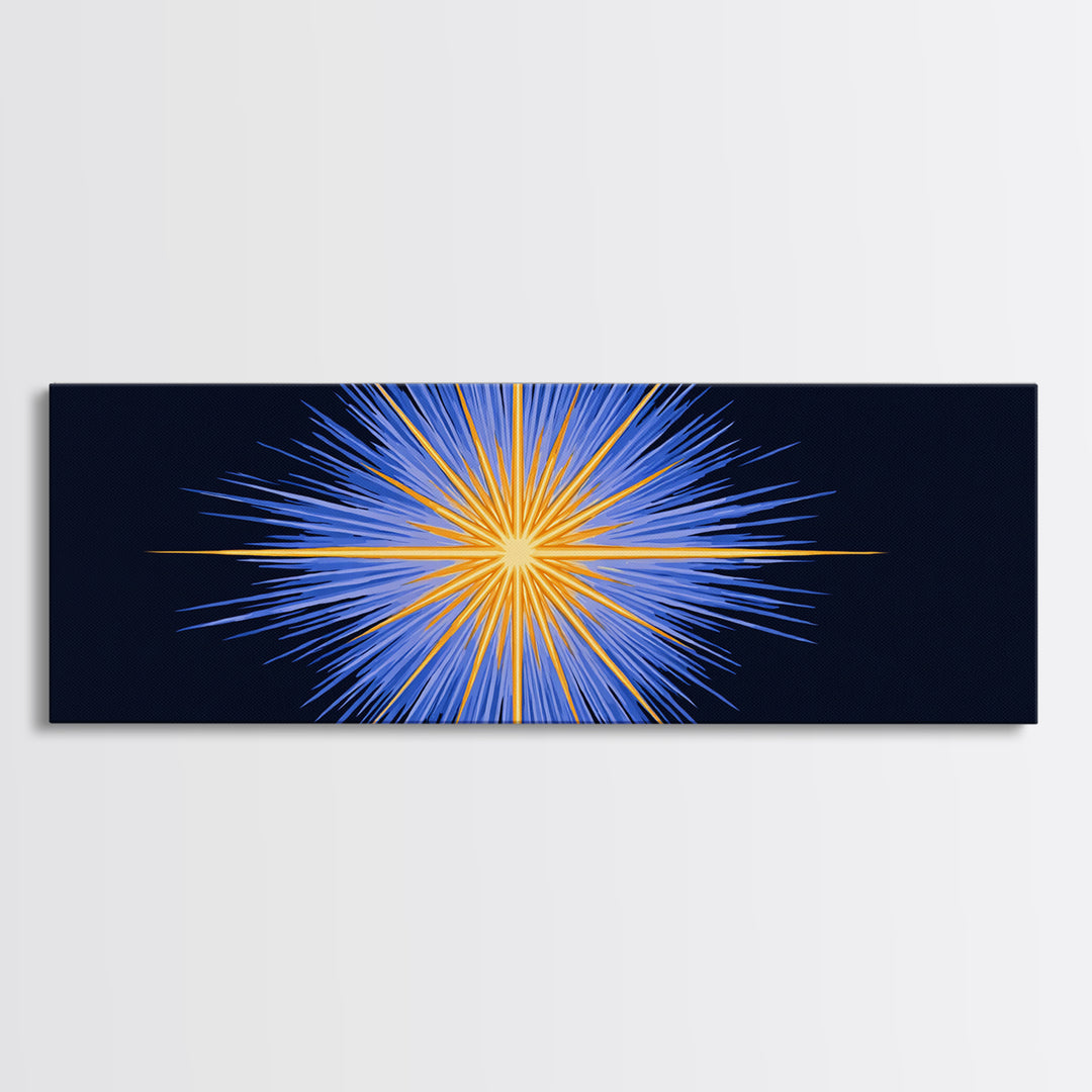 Blue Orange Radiant Starburst Canvas Print, Modern Abstract Wall Art, Cosmic Space Poster, Bold Geometric Living Room Decor