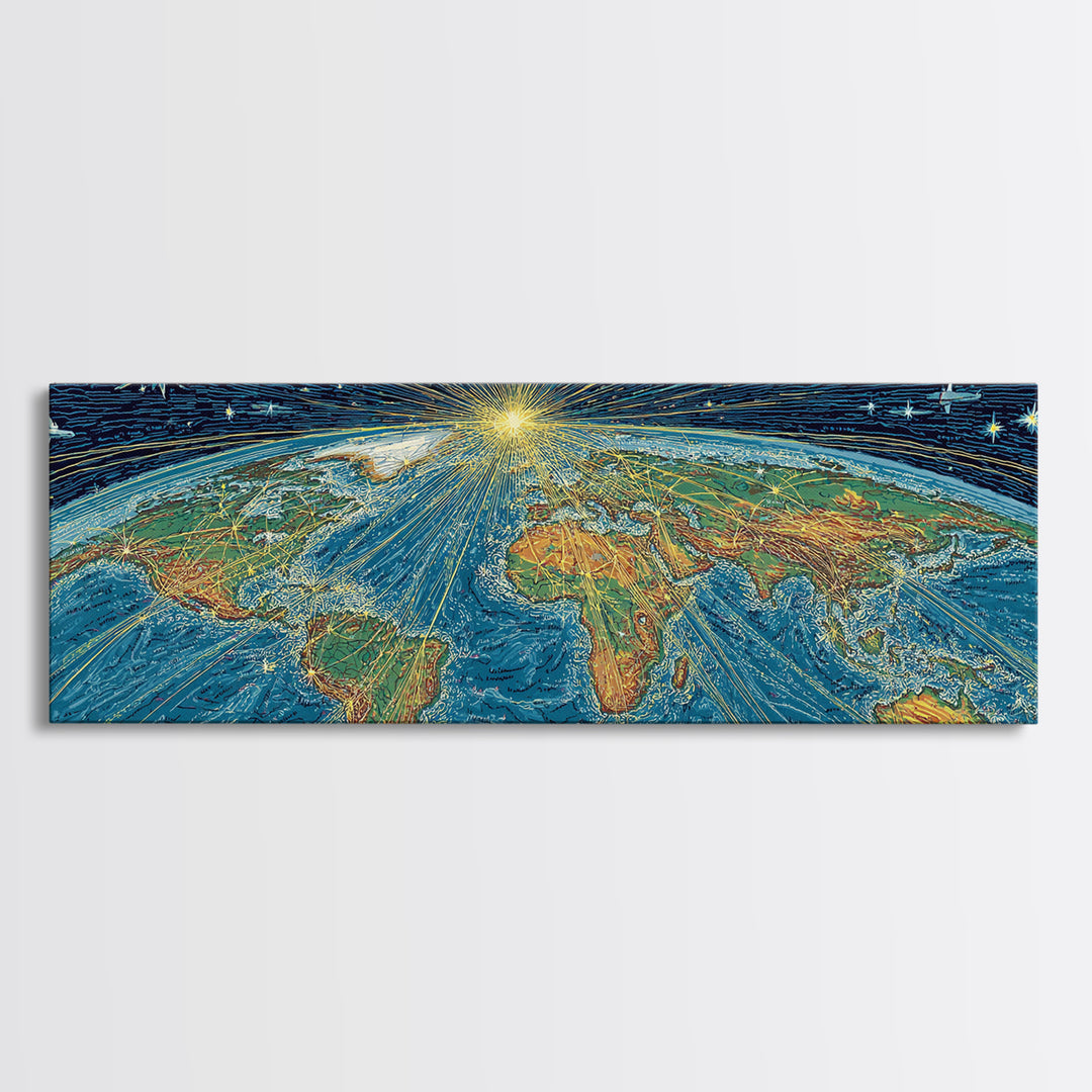 Radiant Earth From Space Wall Art, Midcentury Modern Map Poster, Cosmic Retro Illustration Canvas Print, Blue Home Decor