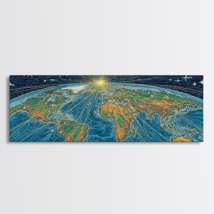 Radiant Earth From Space Wall Art, Midcentury Modern Map Poster, Cosmic Retro Illustration Canvas Print, Blue Home Decor