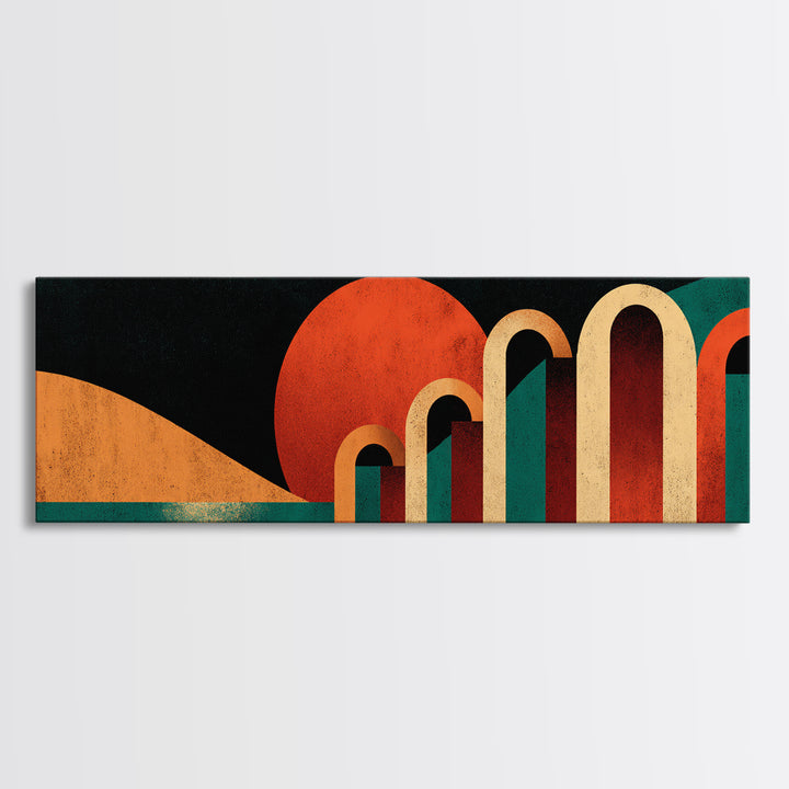Desert Sunset With Teal Horizon And Retro Arches Canvas Print, Mid Century Modern Wall Decor, MCM Abstract Orange Art Poster