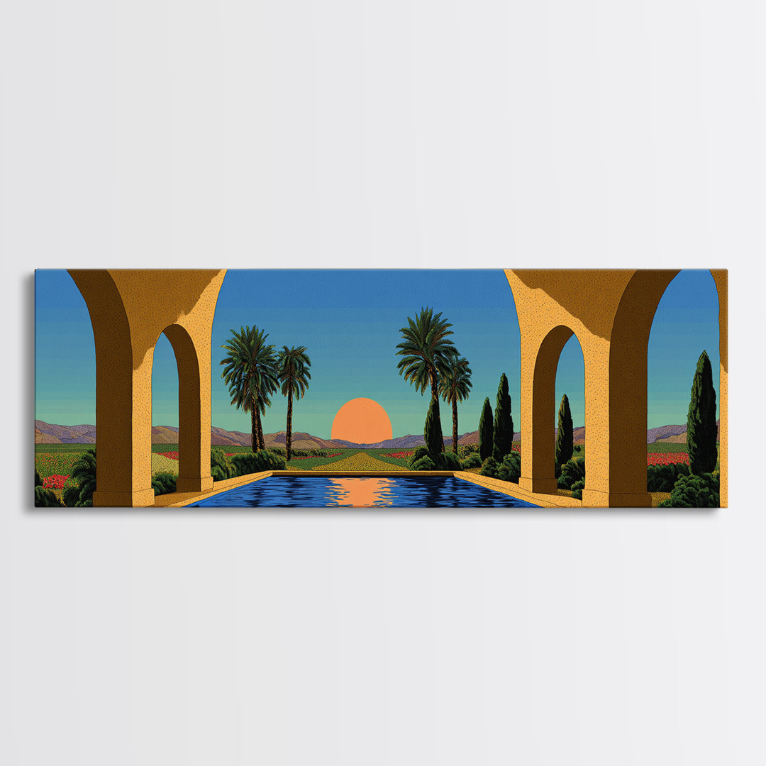 Palm Springs Pool With Golden Arches And Sunset Framed Canvas Print, Mid Century Modern Travel Poster Large Wall Art Decor