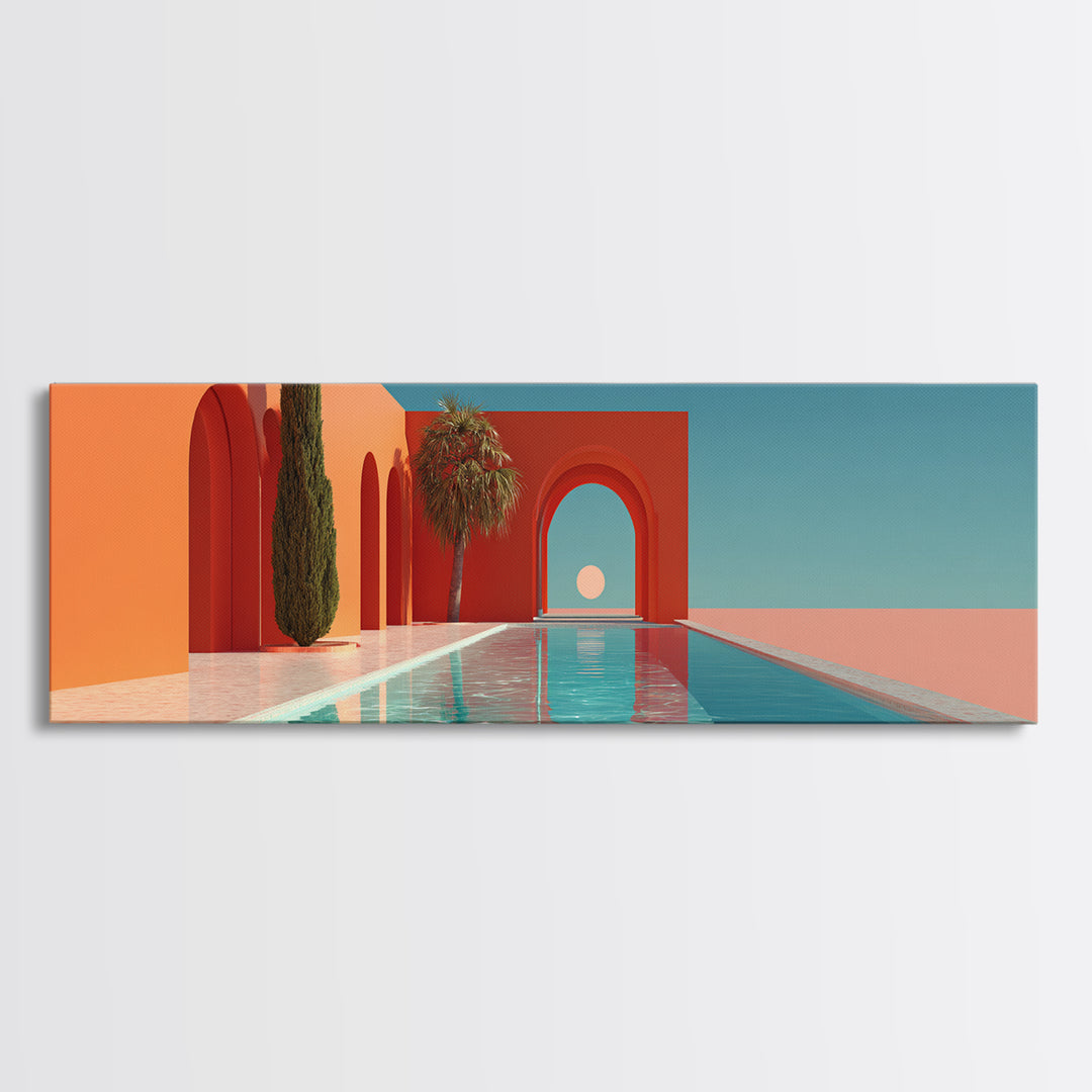 Red Arch Pool With Cypress Trees And Aqua Sky Canvas Print, Minimalist Mid Century Modern Wall Art, Palm Springs Decor Poster