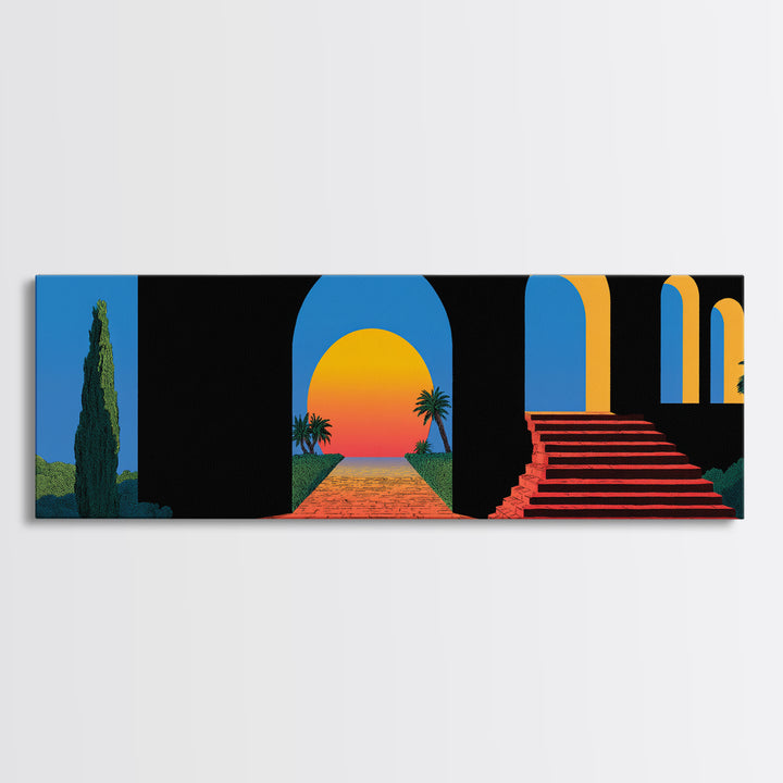Black Blue Terrace With Sunset Portal And Red Steps Wall Art, Retro Mid Century Modern Poster, MCM Architectural Decor Print
