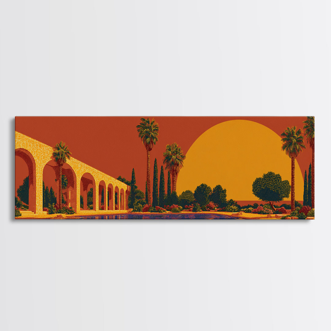 Orange Palm Oasis With Colonnade Pool And Giant Sun Framed Canvas Print, Mid Century Modern Wall Art, Retro Desert Decor