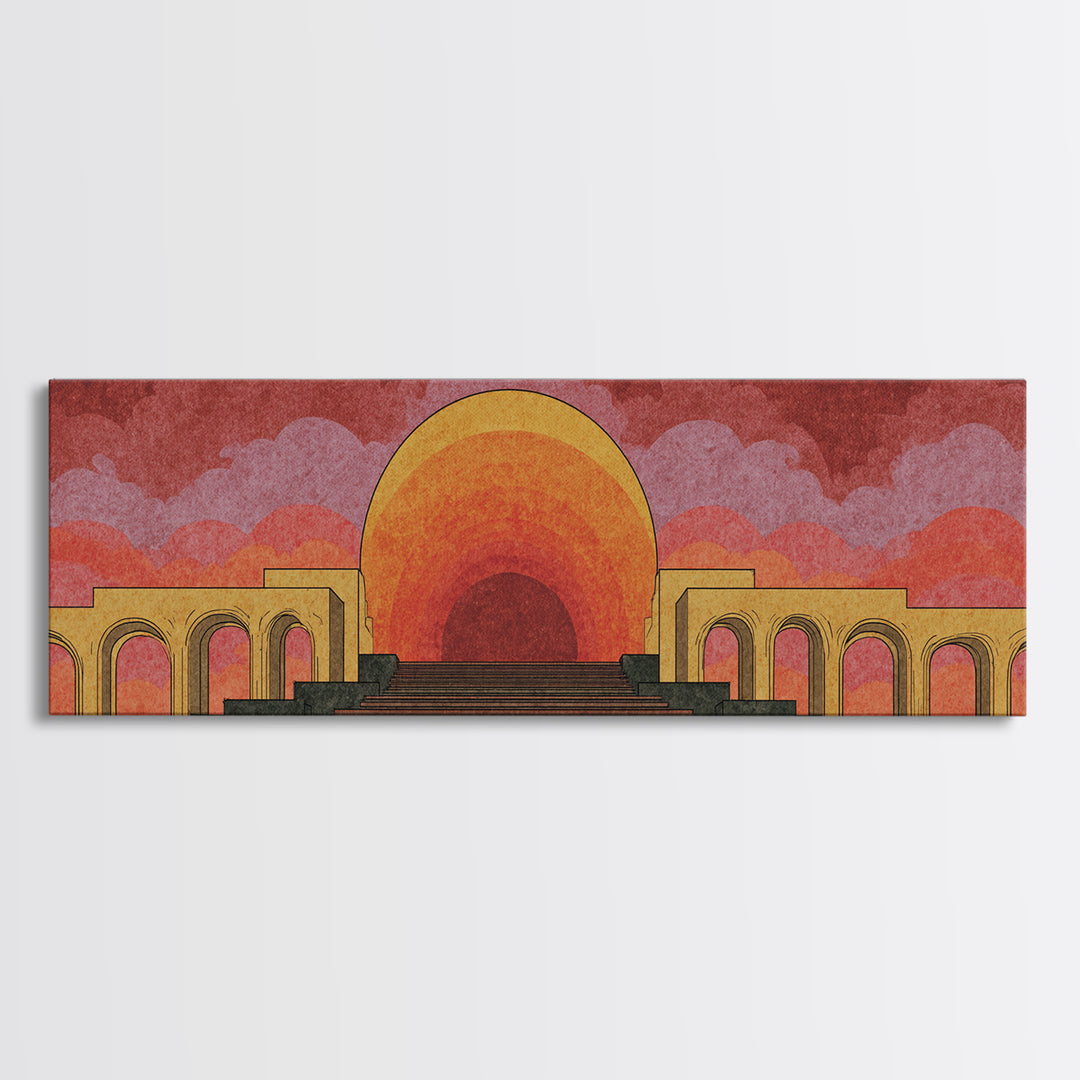 Monumental Sunset Theater With Arches And Stone Steps Canvas Print, Retro Mid Century Modern Wall Art, Orange Landscape Poster