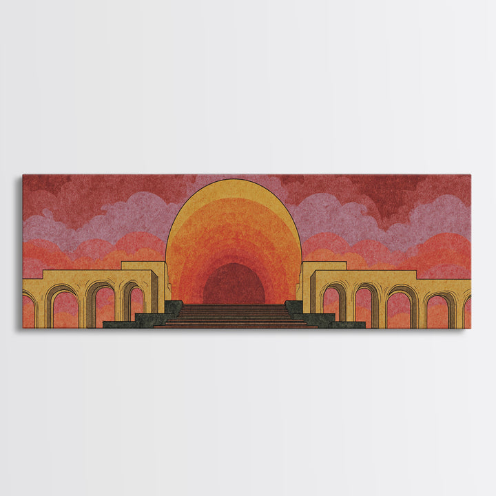 Monumental Sunset Theater With Arches And Stone Steps Canvas Print, Retro Mid Century Modern Wall Art, Orange Landscape Poster